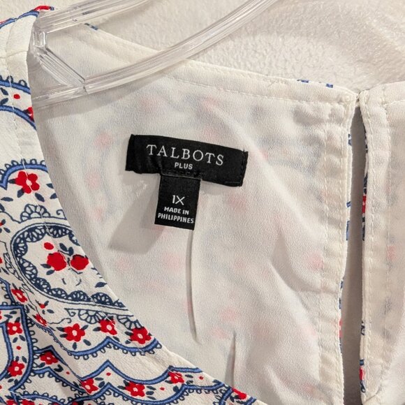 TALBOTS Pintuck Yoke Blouse 1X Paisley White Red Navy Blue Long Sleeve - Picture 11 of 13